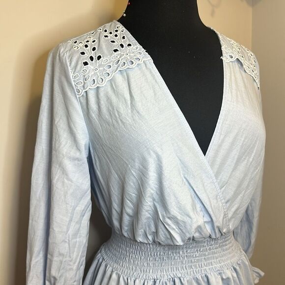 Zara Blue Embroidered Summer Long Sleeve Mini Dress - Picture 5 of 7